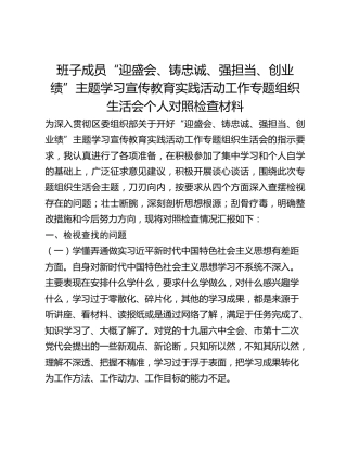 班子成员“迎盛会、铸忠诚、强担当、创业绩”主题学习宣传教育实践活动工作专题组织生活会个人对照检查材料