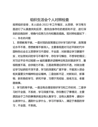 组织生活会个人对照检查