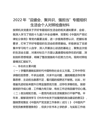 2022年“迎盛会、聚共识、强担当”专题组织生活会个人对照检查材料