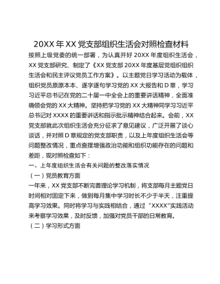 20XX年XX党支部组织生活会对照检查材料