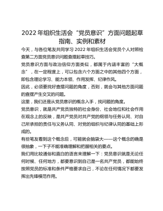 2022年组织生活会“党员意识”方面问题起草指南、实例和素材