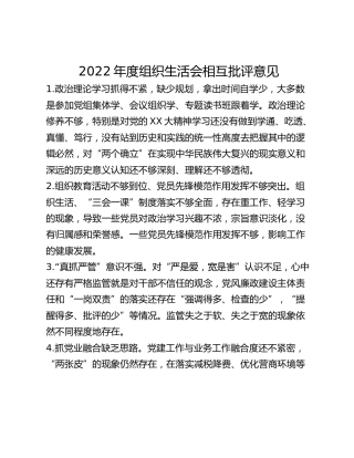 2022年度组织生活会相互批评意见(1)