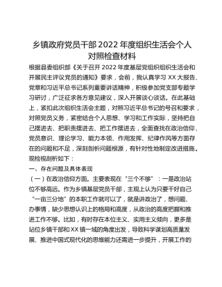 乡镇政府党员干部2022年度组织生活会个人对照检查材料