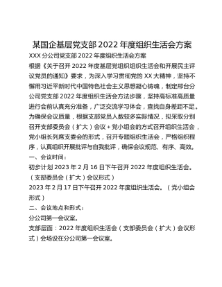 某国企基层党支部2022年度组织生活会方案