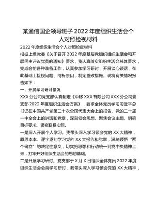 某通信国企领导班子2022年度组织生活会个人对照检视材料