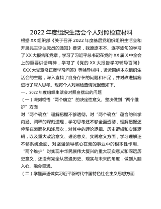 2022年度组织生活会个人对照检查材料(1)