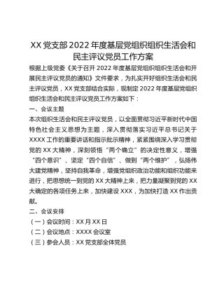 XX党支部2022年度基层党组织组织生活会和民主评议党员工作方案