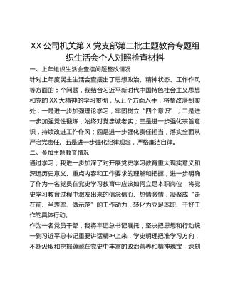 XX公司机关第X党支部第二批主题教育专题组织生活会个人对照检查材料