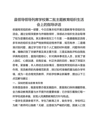 县领导领导列席学校第二批主题教育组织生活会上的指导讲话