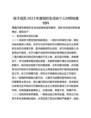 班子成员2023年度组织生活会个人对照检查材料