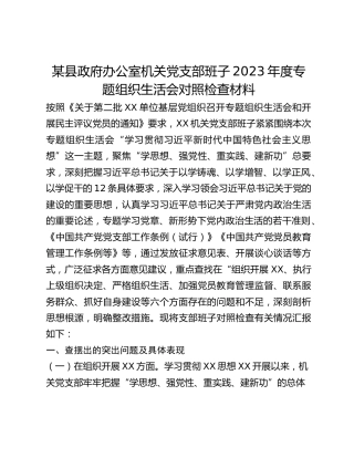 某县政府办公室机关党支部班子2023年度专题组织生活会对照检查材料