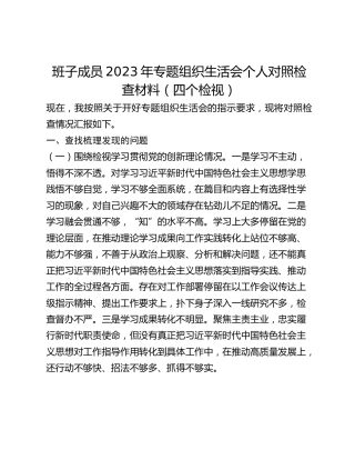 班子成员2023年专题组织生活会个人对照检查材料（四个检视）