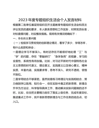 2023年度专题组织生活会个人发言材料