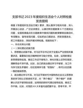 支部书记2023年度组织生活会个人对照检查发言提纲