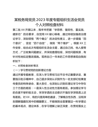 某税务局党员2023年度专题组织生活会党员个人对照检查材料
