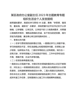 某区政府办公室副主任2023年主题教育专题组织生活会个人发言提纲