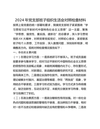 年党支部班子组织生活会对照检查材料