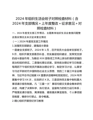 2024年组织生活会班子对照检查材料（含2024年支部情况上年度整改征求意见对照检查材料）
