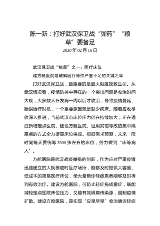 陈一新：打好武汉保卫战“弹药”“粮草”要备足