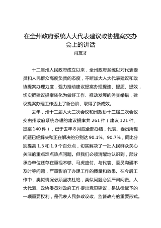 肖友才：在全州政府系统人大代表建议政协提案交办会上的讲话
