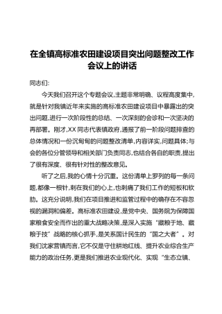在全镇高标准农田建设项目突出问题整改工作会议上的讲话