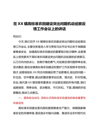 在XX镇高标准农田建设突出问题机动巡察反馈工作会议上的讲话