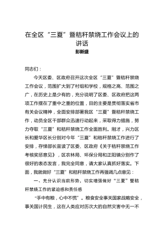 彭新盛：在全区“三夏”防汛暨秸秆禁烧工作会议上的讲话