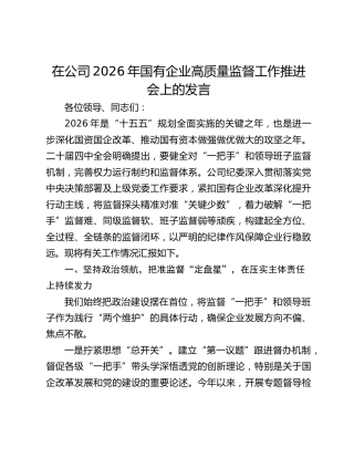 在公司2026年国有企业高质量监督工作推进会上的发言