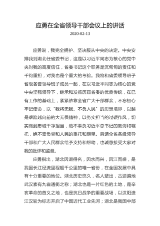应勇：在全省领导干部会议上的讲话