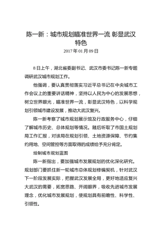 陈一新：城市规划瞄准世界一流彰显武汉特色