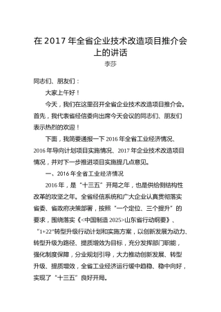 李莎：在2017年全省企业技术改造项目推介会上的讲话