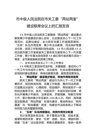 市中级人民法院在市关工委“两站两室”建设联席会议上的汇报发言