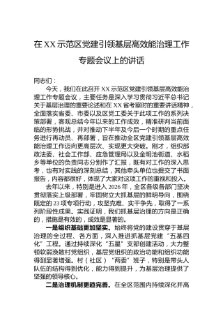 在XX示范区党建引领基层高效能治理工作专题会议上的讲话