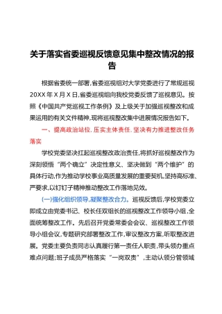关于落实省委巡视反馈意见集中整改情况的报告