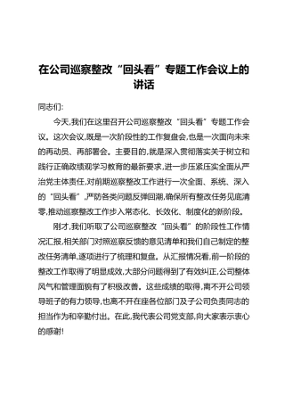 在公司巡察整改“回头看”专题工作会议上的讲话