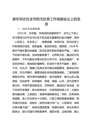 谢冬同志在全市防汛抗旱工作视频会议上的发言-