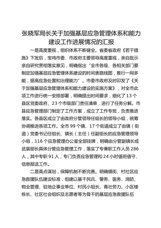 局长关于加强基层应急管理体系和能力建设工作进展情况的汇报-