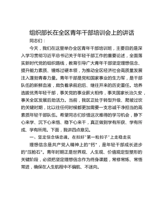 组织部长在全区青年干部培训会上的讲话