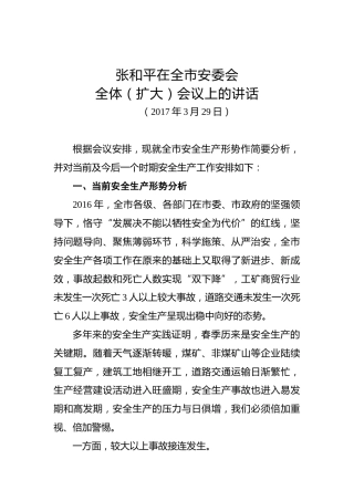 张和平：在全市安委会全体（扩大）会议上的讲话