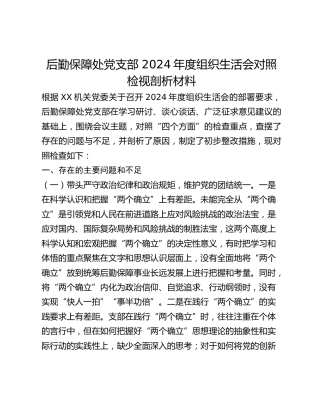 后勤保障处党支部 2024年度组织生活会对照检视剖析材料