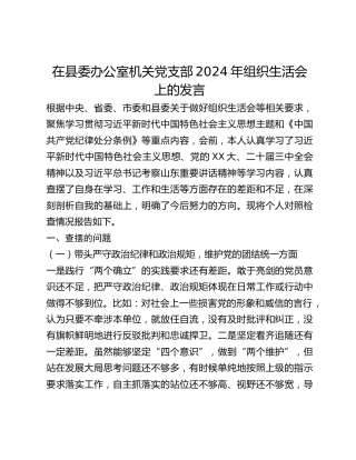 在县委办公室机关党支部2024年组织生活会上的发言