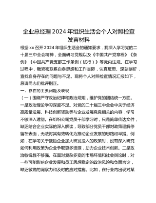 企业总经理2024年组织生活会个人对照检查发言材料