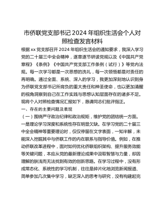 市侨联党支部书记2024年组织生活会个人对照检查发言材料