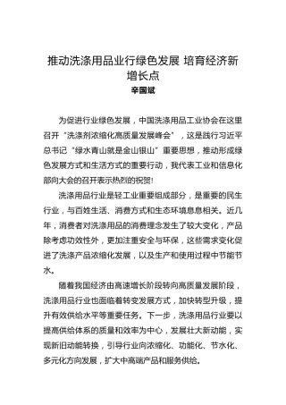 辛国斌：推动洗涤用品业行绿色发展培育经济新增长点