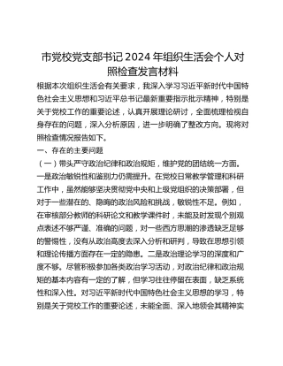市党校党支部书记2024年组织生活会个人对照检查发言材料