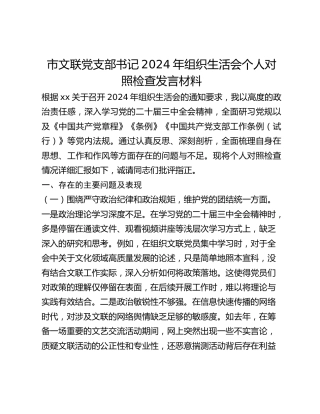 市文联党支部书记2024年组织生活会个人对照检查发言材料
