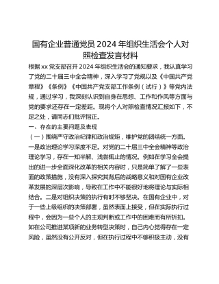 国有企业普通党员2024年组织生活会个人对照检查发言材料