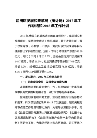 盐田区发展和改革局（统计局）2017年工作总结和2018年工作计划
