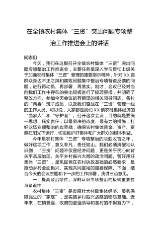在全镇农村集体“三资”突出问题专项整治工作推进会上的讲话