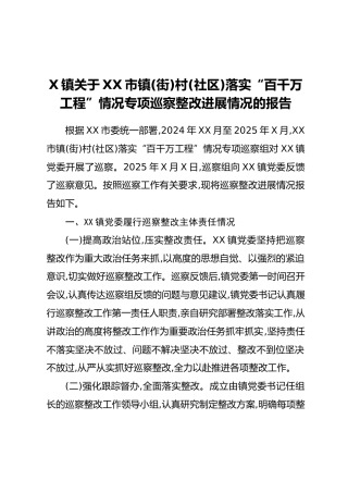 X镇关于XX市镇（街）村（社区）落实“百千万工程”情况专项巡察整改进展情况的报告